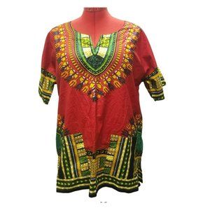 Lapogee African Dashiki Tunic Top, Large, Cotton, Red & Multicolor Print, Unisex
